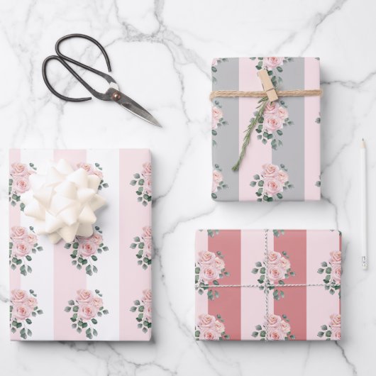 Rose mit Streifen und Wasserfarbe Geschenkpapier Set (Vorderseite)