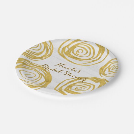 Rose mit weißem und goldfarbenem Swirl Modernes Br Pappteller (Schrägansicht)