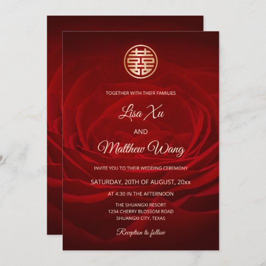 Rose Moderne Hochzeit in Rotchina Einladung (Vorne/Hinten)