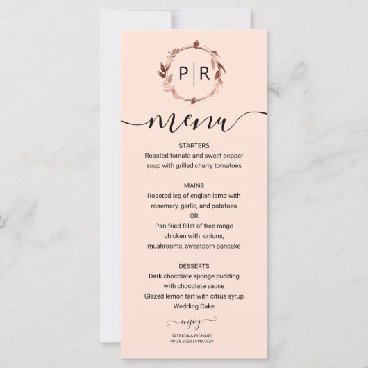 Rose Monogram Foto Wedelmenu Card (Vorderseite)