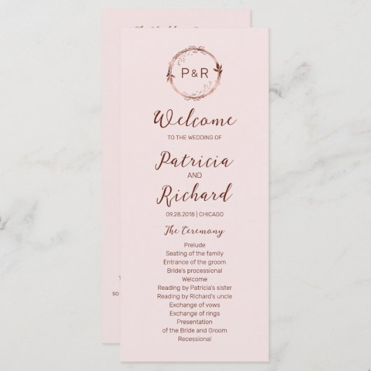 Rose Monogram Wedding Zeremony Programm 4x9 Card (Vorne/Hinten)
