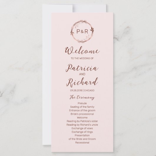 Rose Monogram Wedding Zeremony Programm 4x9 Card (Vorderseite)