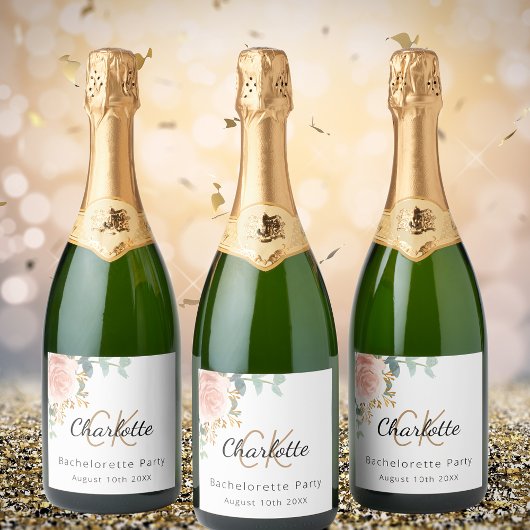 Rose-Monogramm-Junggeselinnen-Abschied Schaumweinetikett