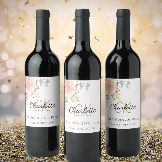 Rose-Monogramm-Junggeselinnen-Abschied Weinetikett