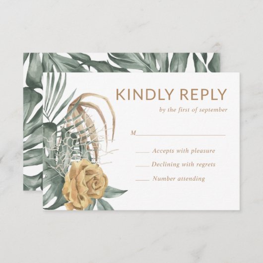 Rose Monstera Palme Tropische Oase zur Hochzeit RSVP Karte (Vorne/Hinten)