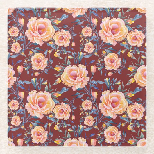 Rose, nahtlos, rotes Hintergrundmuster Glasuntersetzer (Vorderseite)