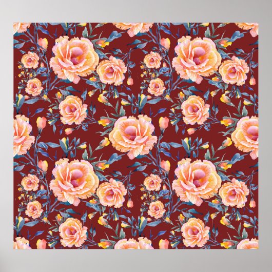 Rose, nahtlos, rotes Hintergrundmuster Poster (Vorne)