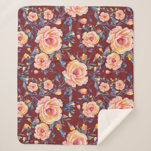 Rose, nahtlos, rotes Hintergrundmuster Sherpadecke (Vorderseite)