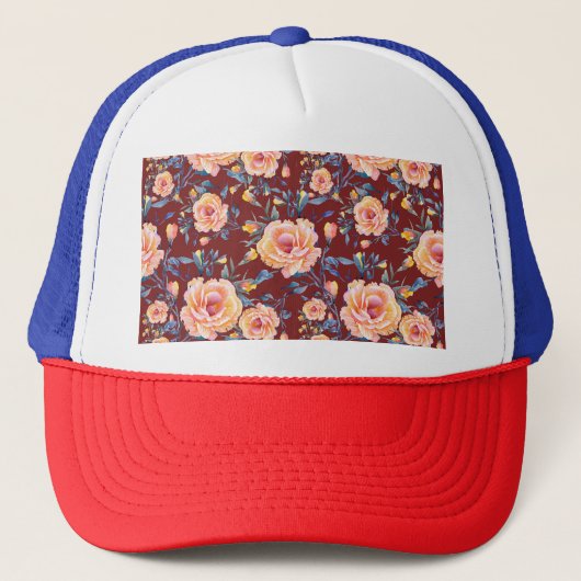 Rose, nahtlos, rotes Hintergrundmuster Truckerkappe (Vorderseite)