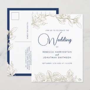 Rose Navy Blue Gold Hochzeit Einladung Postkarte