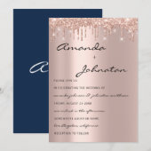 Rose-Navy-Monogramm-Tropfen Einladung (Vorne/Hinten)