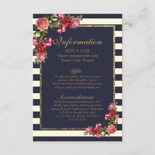 Rose Navy Stripes und Gold Wedding Information Begleitkarte (Vorderseite)