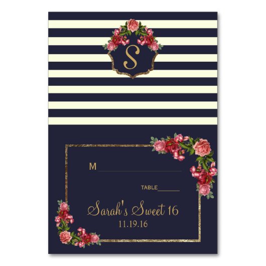 Rose Navy Strips und Gold Platzkarten Tischnummer (Vorderseite)