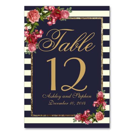 Rose Navy Strips und Gold Tischnummern (Vorderseite)