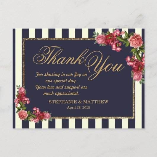 Rose Navy Strips und Gold Vielen Dank Postkarten (Vorderseite)