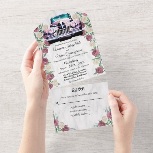 Rose Oldtimer in einer Hochzeitseinladung All In One Einladung (Abreißen)