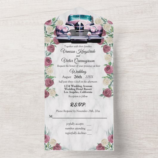 Rose Oldtimer in einer Hochzeitseinladung All In One Einladung (Innen Boden)