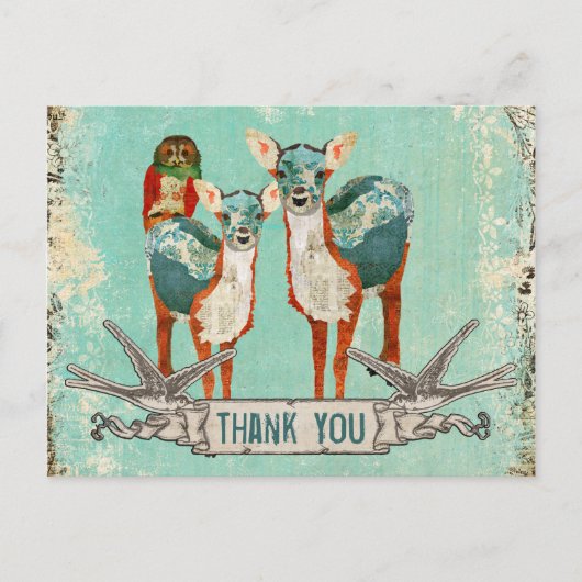 Rose Owl & Azure Deer Danke Postcard Postkarte (Vorderseite)