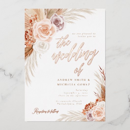 Rose Pampas Terracotta Boho Foto Wedding Folieneinladung (Vorderseite)