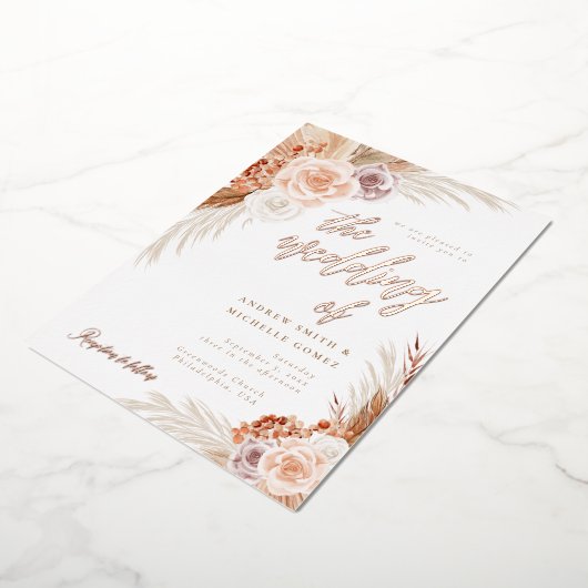 Rose Pampas Terracotta Boho Foto Wedding Folieneinladung (Gedreht)