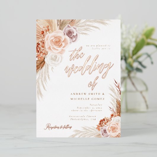 Rose Pampas Terracotta Boho Foto Wedding Folieneinladung (Stehend vorne)