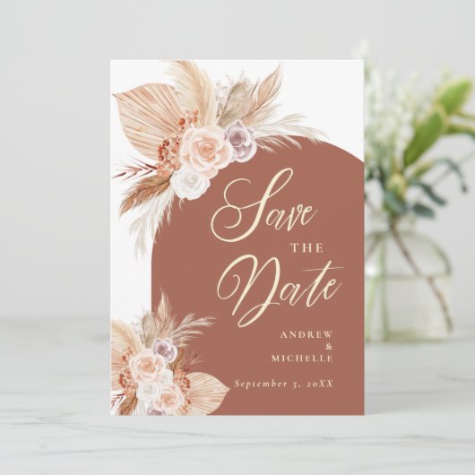 Rose Pampas Terracotta Boho Foto Wedding Save The Date (Stehend Vorderseite)