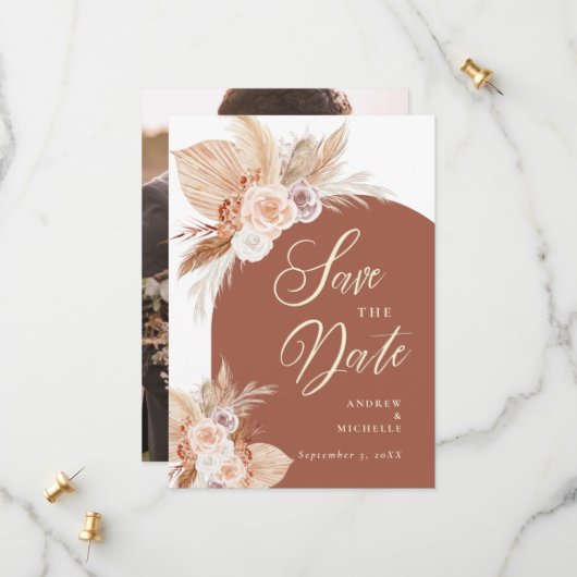Rose Pampas Terracotta Boho Foto Wedding Save The Date (Vorderseite/Rückseite Beispiel)