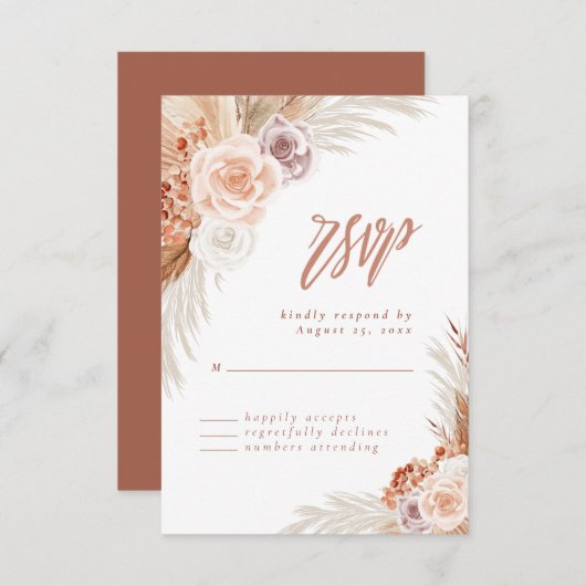 Rose Pampas Terracotta Boho Wedding RSVP Karte (Vorne/Hinten)
