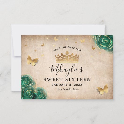Rose-Parchment Grün und Gold Elegante Save The Date (Vorderseite)