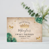 Rose-Parchment Grün und Gold Elegante Save The Date (Stehend Vorderseite)