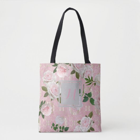 Rose-Peongram auf der blush-pink-goldenen Damaskus Tasche (Vorderseite)