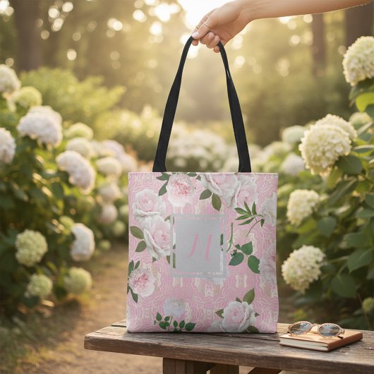 Rose-Peongram auf der blush-pink-goldenen Damaskus Tasche
