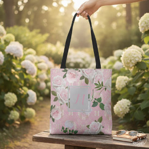 Rose-Peongram auf der blush-pink-goldenen Damaskus Tasche