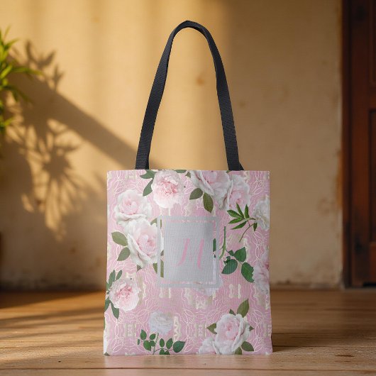 Rose-Peongram auf der blush-pink-goldenen Damaskus Tasche