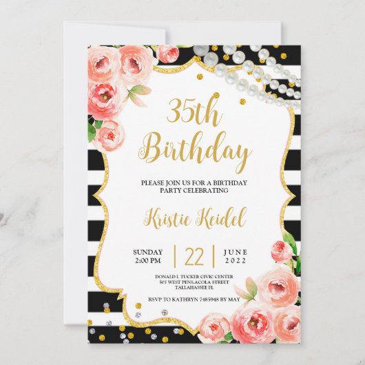 Rose & Perl Geburtstagsparty Einladung (Vorderseite)