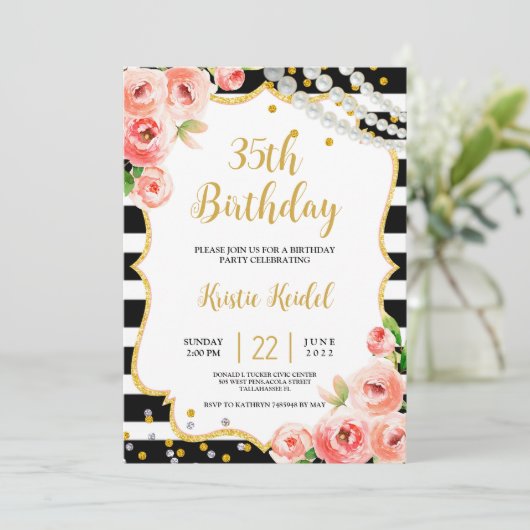 Rose & Perl Geburtstagsparty Einladung (Stehend Vorderseite)