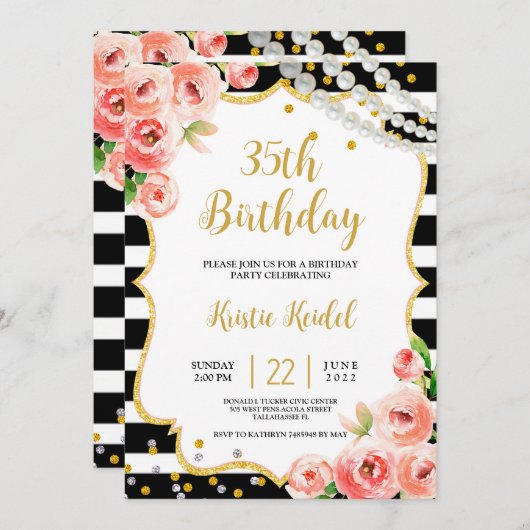 Rose & Perl Geburtstagsparty Einladung (Vorne/Hinten)