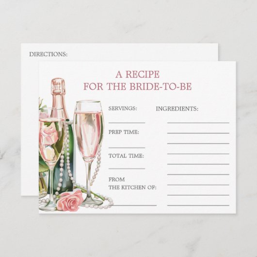 Rose Perlen & Prosecco Brautparty Rezept Karte (Vorne/Hinten)