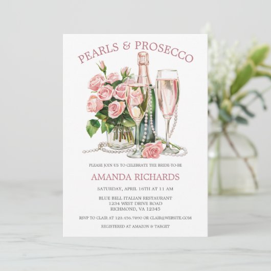 Rose Perlen und Prosecco-Brautparty Einladung (Stehend Vorderseite)