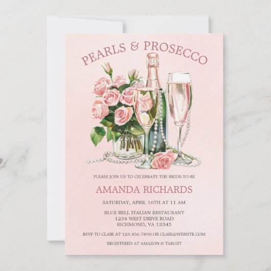 Rose Perlen und Prosecco Champagne Bridal Brunch Einladung (Vorderseite)