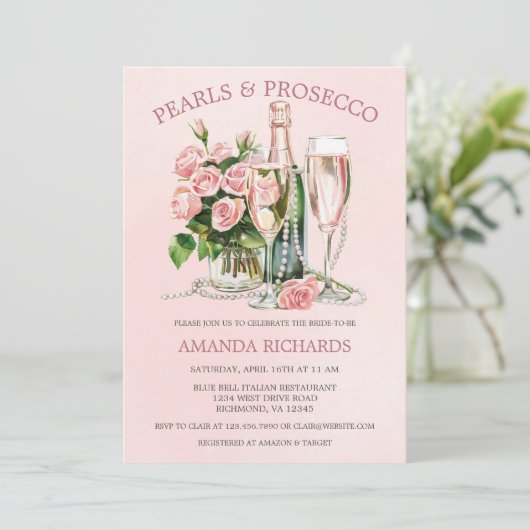 Rose Perlen und Prosecco Champagne Bridal Brunch Einladung (Stehend Vorderseite)