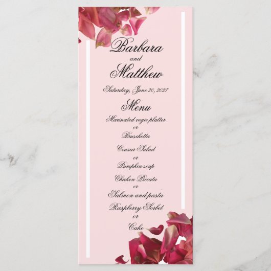 Rose Petal Pink Romantische Hochzeitsempfang Menü Menükarte (Vorderseite)