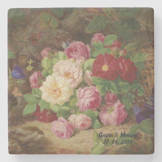 Rose Piece im Waldboden mit Schmetterlingen Steinuntersetzer (Vorderseite)