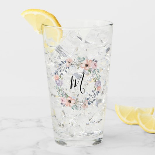 Rose Pink Aquarellfarben Blumengranulat Monogramm Glas (Vorderseite Ice)