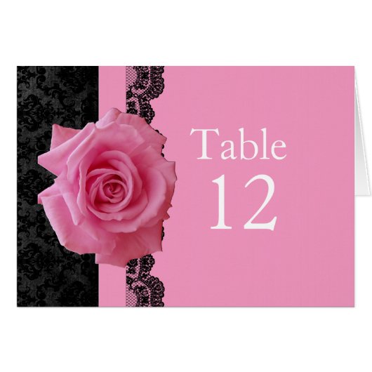 Rose Pink Black Luxe Damask Tischkarte (Vorderseite (Horizontal))