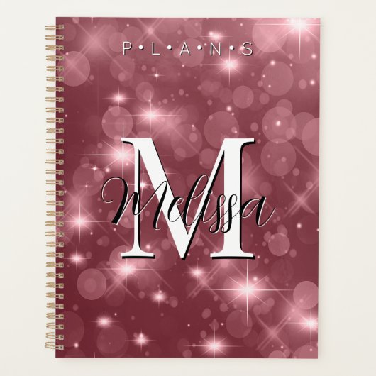 Rose Pink Bokeh Modern Monogram Sparkle Planner Planer (Vorderseite)