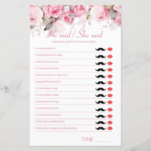 Rose Pink Bridal Shower Game He Said She Said (Vorderseite)