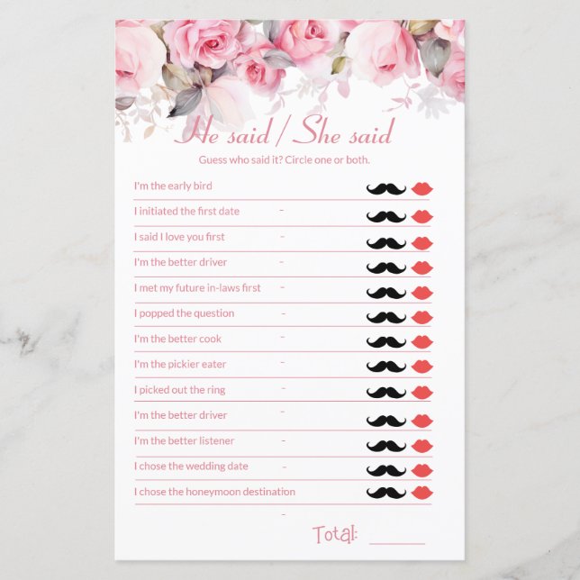 Rose Pink Bridal Shower Game He Said She Said (Vorderseite)