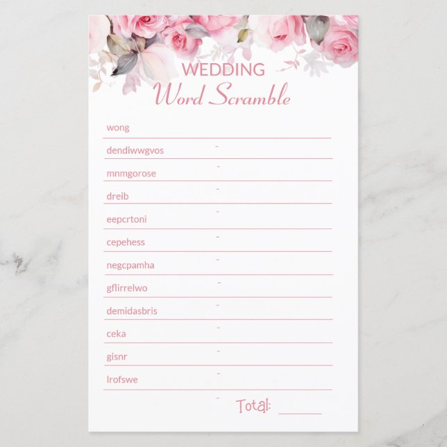Rose Pink Bridal Shower Word Scramble Game (Vorderseite)