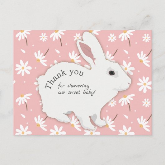Rose Pink Daisies Bunny Baby Dusche Vielen Dank Postkarte (Vorderseite)